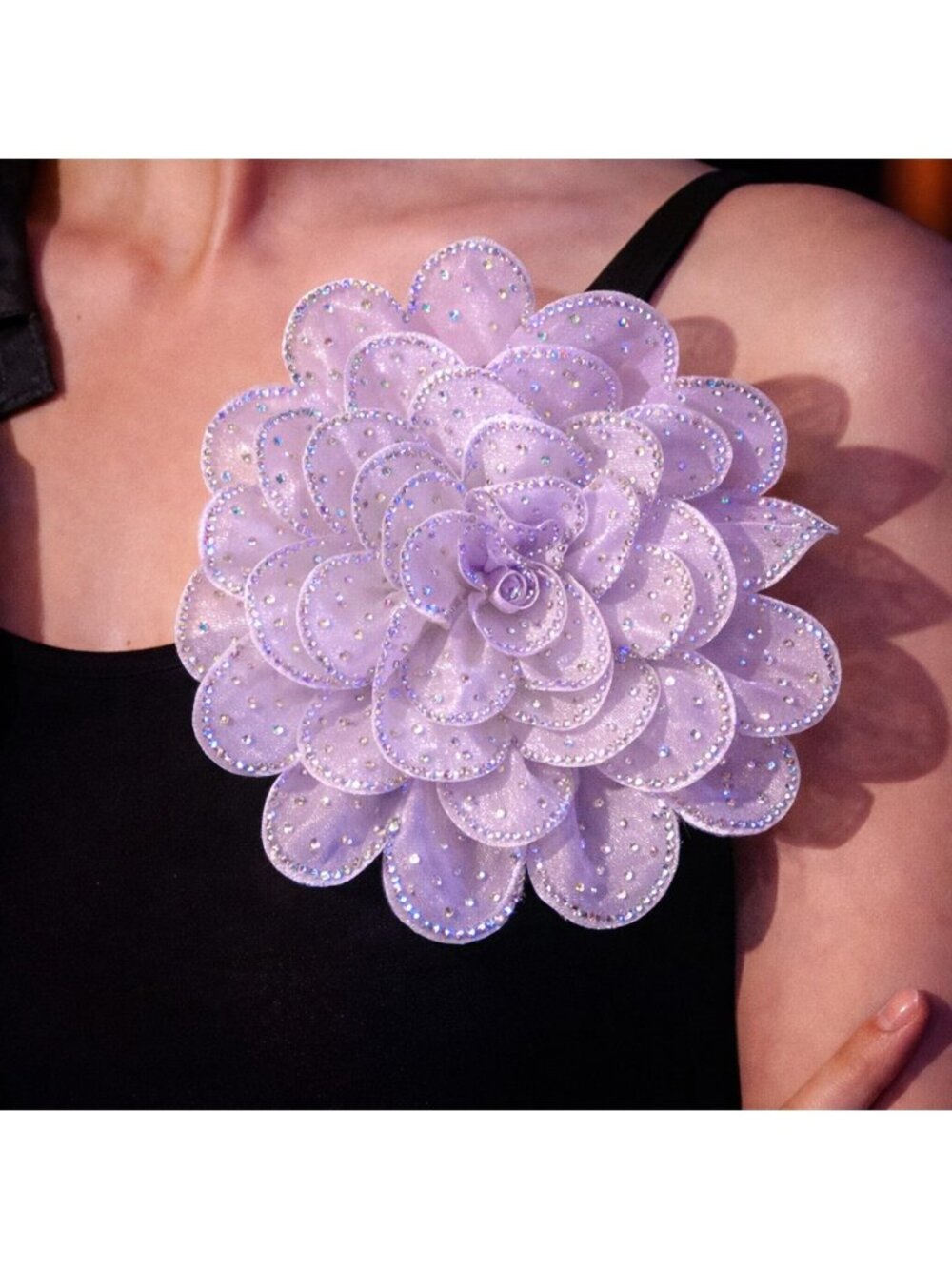 Large  Lavendar 3D Fabric Flower Brooch Multi‑Layer Mesh Applique w/Rhinestones